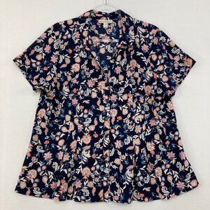 Dana Buchman size XXL Navy Multi Color Floral Short Sleeve Button Down Comfy